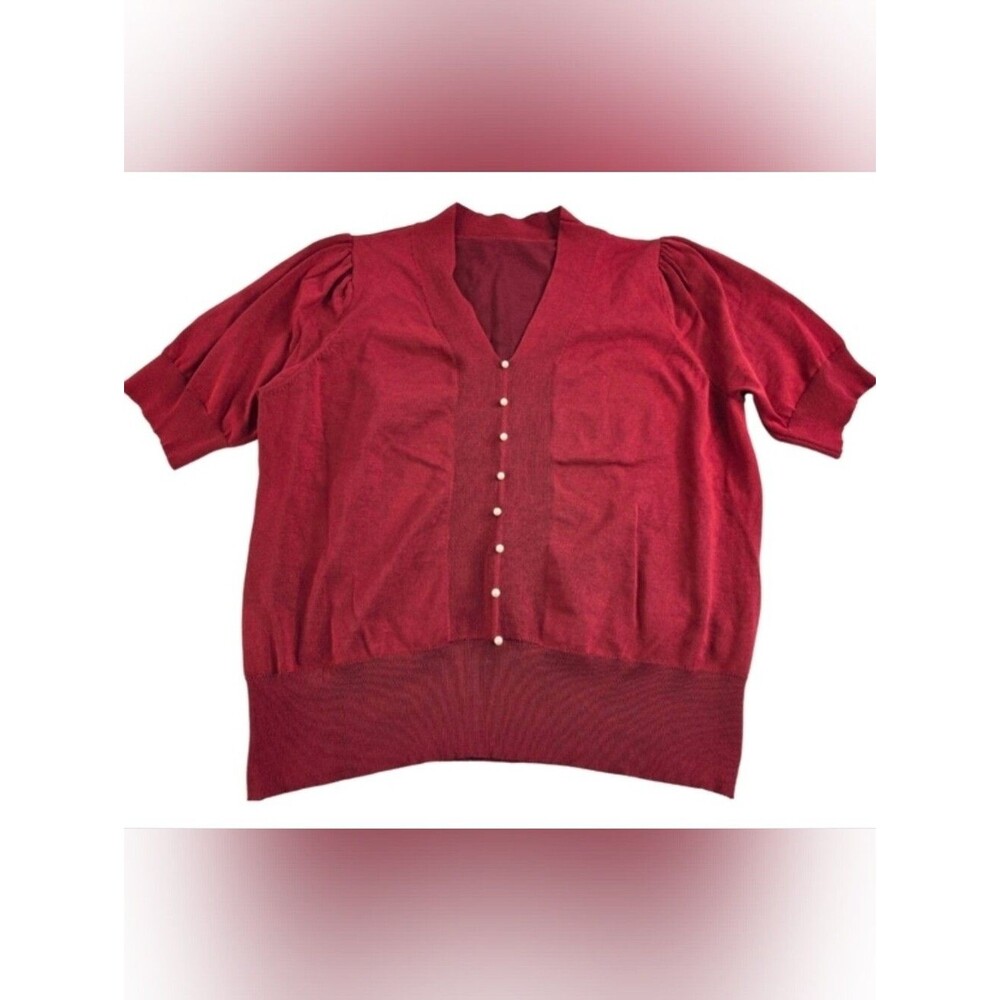 SHEIN 2X Burgundy Pearl Button Down Knit V Neck Top 3218-o